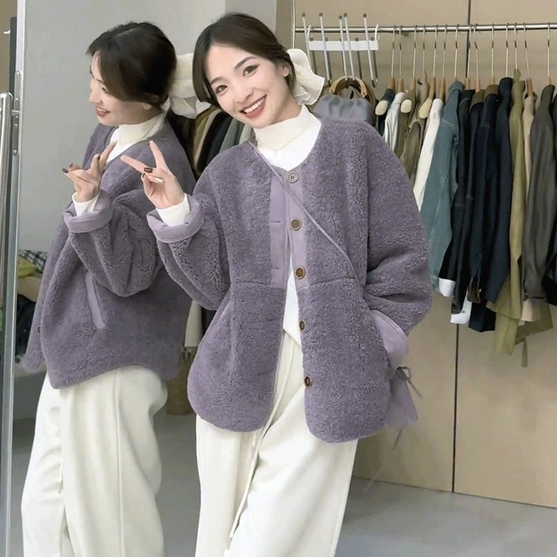 紫色羊羔毛皮毛一体外套女秋冬季新款高级感气质减龄百搭休闲上衣