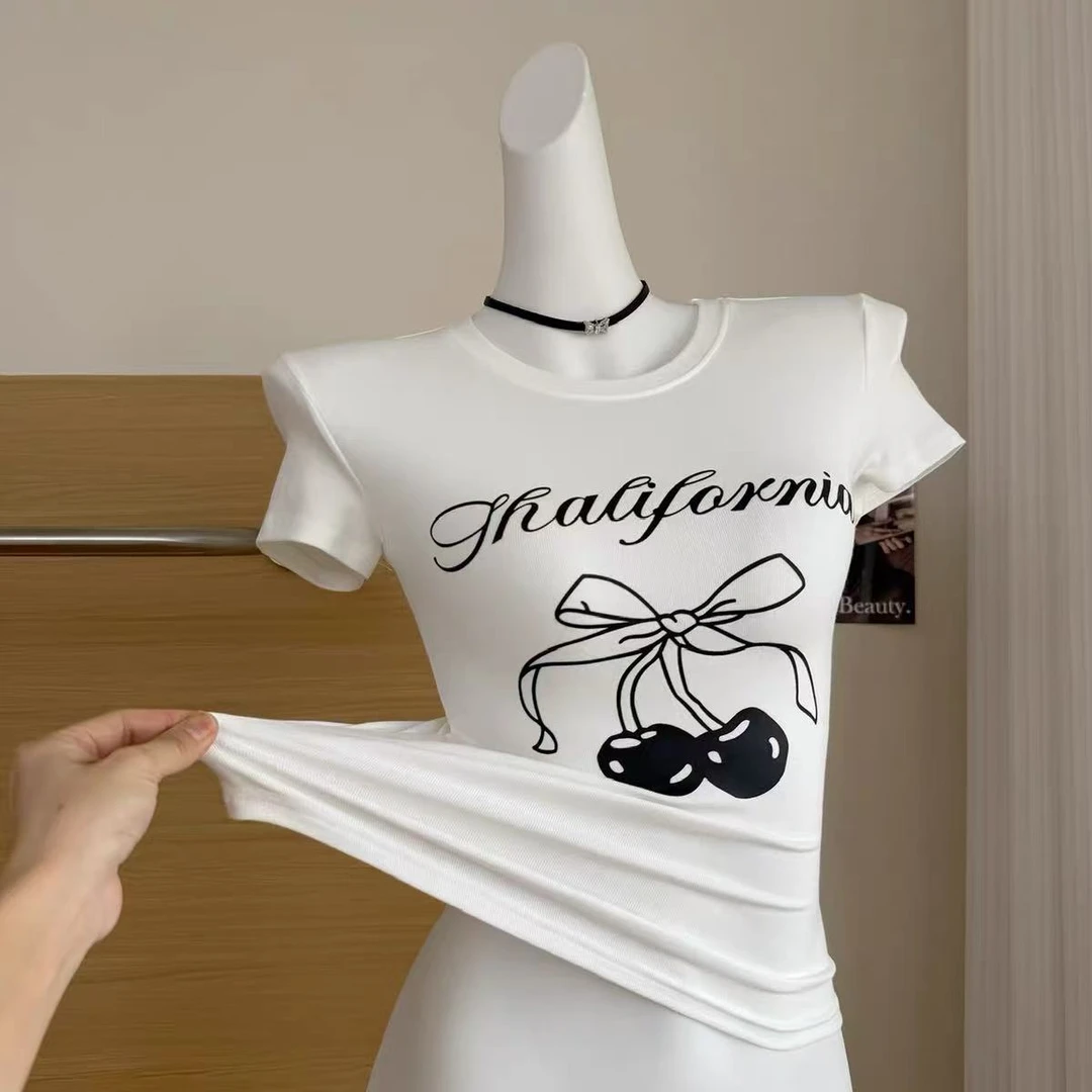 胖鹅张~蝴蝶结樱桃印花短袖上衣#8028