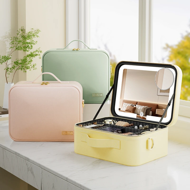 OBOX带镜子智能LED灯化妆包女2025新款便携旅行防水高级感大容量