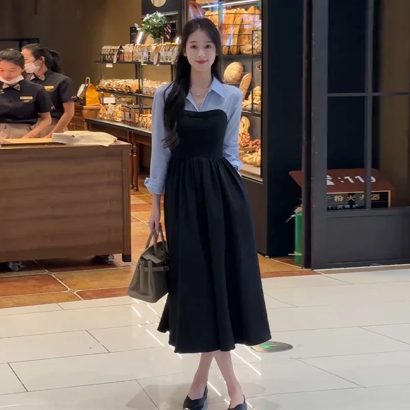 2025春季新款女条纹拼接假两件衬衫黑色连衣裙法式高级感气质长裙