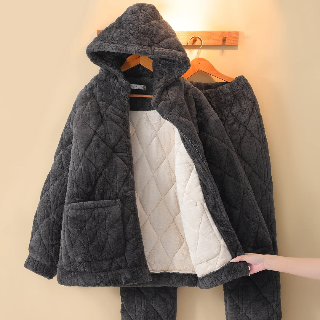 睡衣男士冬款三层加厚夹棉男女新款珊瑚绒加绒保暖家居服冬季套装