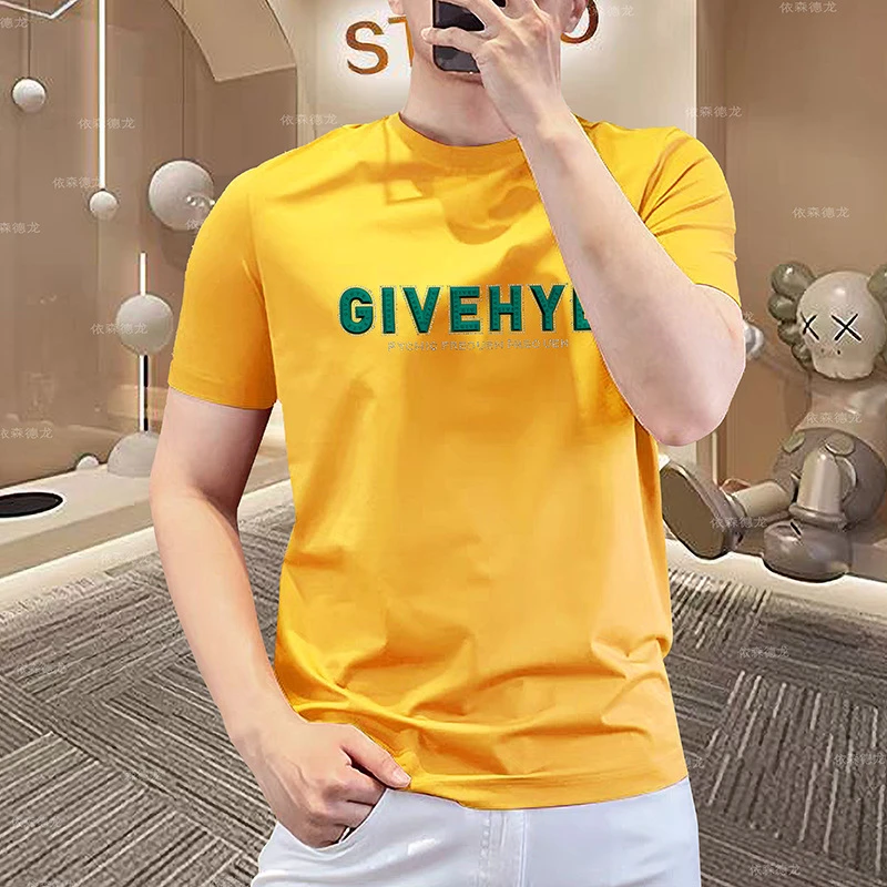 韩版休闲夏季新款潮流男士短袖T恤修身时尚字母丝光棉透气吸湿潮