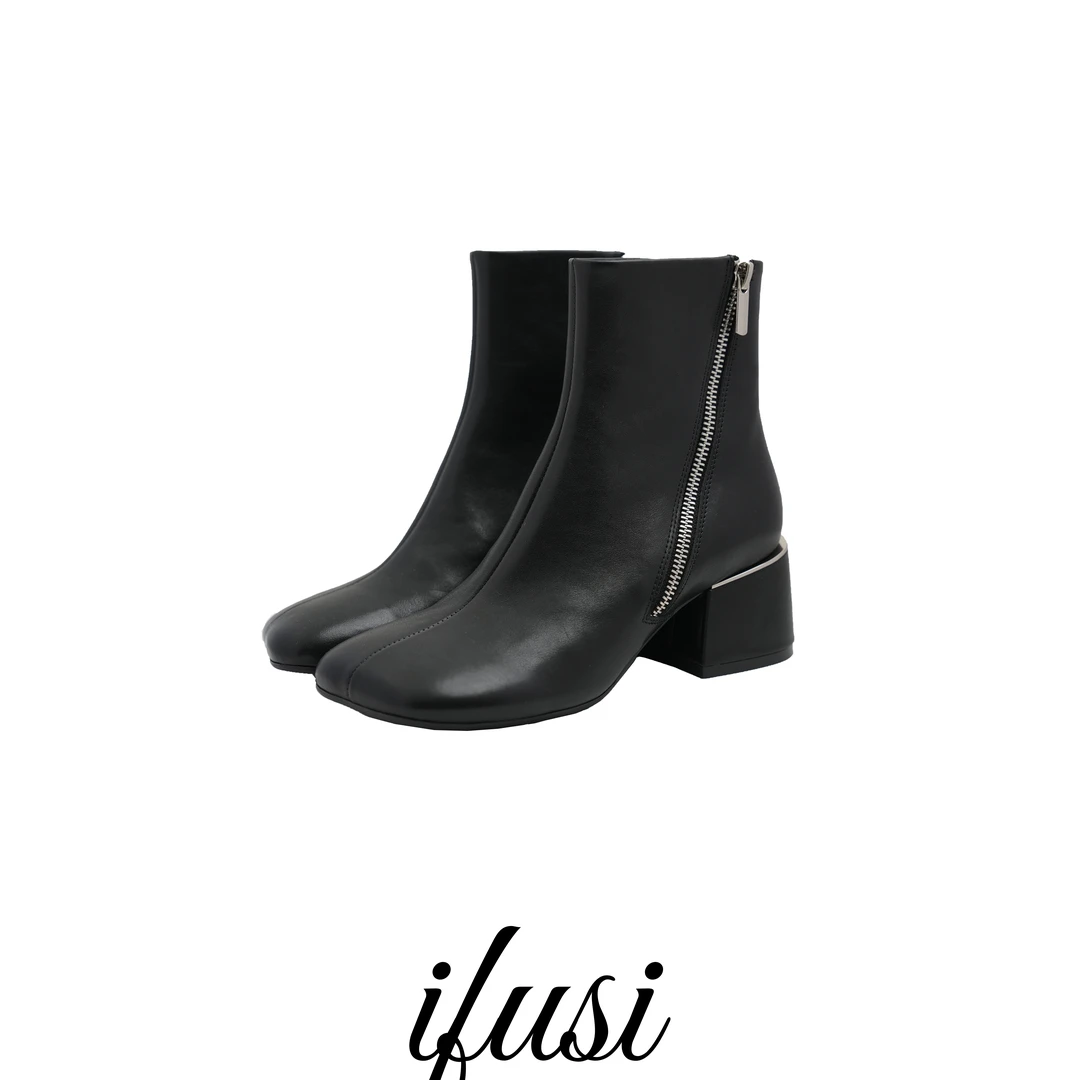 【断码特价】极简双拉链轻奢扁头牛皮粗跟短靴 2399-6