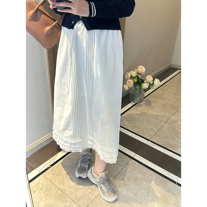 2025新款 韩国东大门甜美减龄系带松紧腰白色花边半身裙 长短款