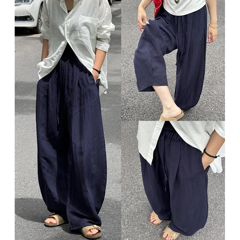 亚麻气球裤女夏季薄款高腰垂感宽松休闲小个子凉凉天丝弯刀阔腿裤