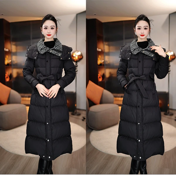 千鸟格保暖羽绒服女中长款2025年冬季新款白鸭绒时尚减龄显瘦外套