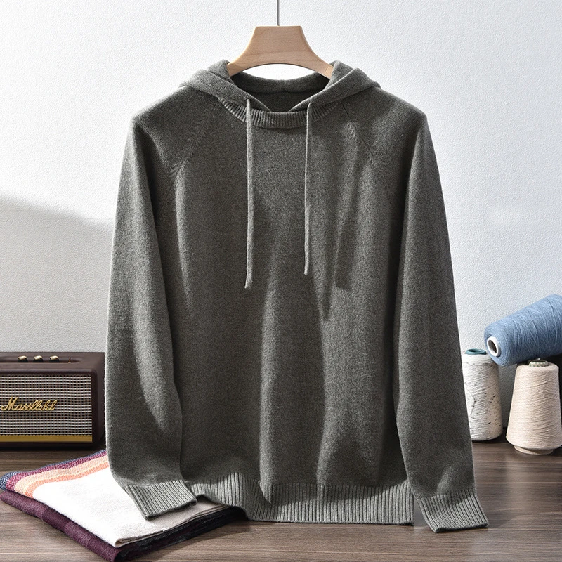 100%纯山羊绒男士休闲运动连帽卫衣秋冬保暖加厚打底插肩袖570g