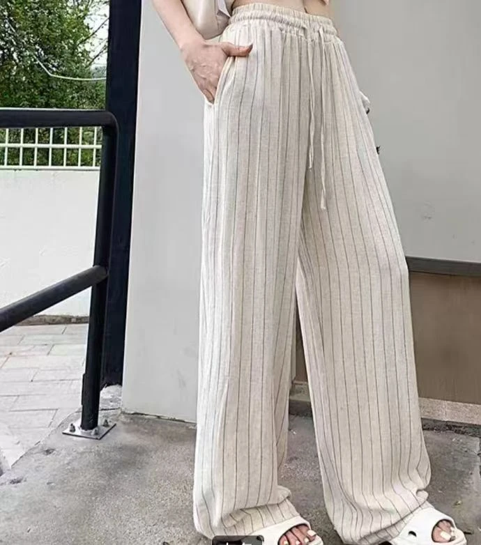 2025夏季新款麻料阔腿裤高腰抽绳显瘦宽松长裤条纹休闲百搭女裤