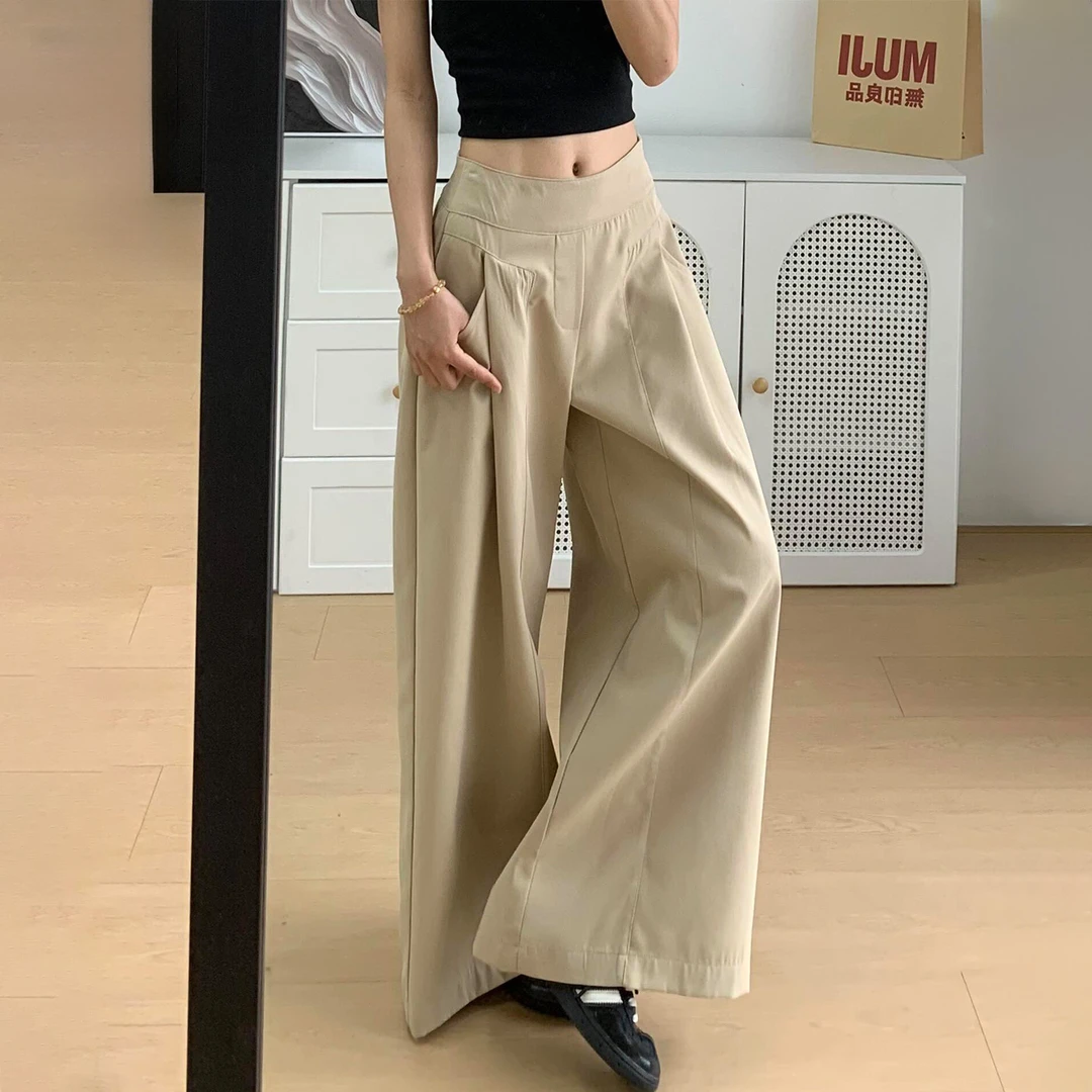 卡其色慵懒风阔腿裤女大码秋季新款胖mm高腰宽松显瘦拖地休闲裤子