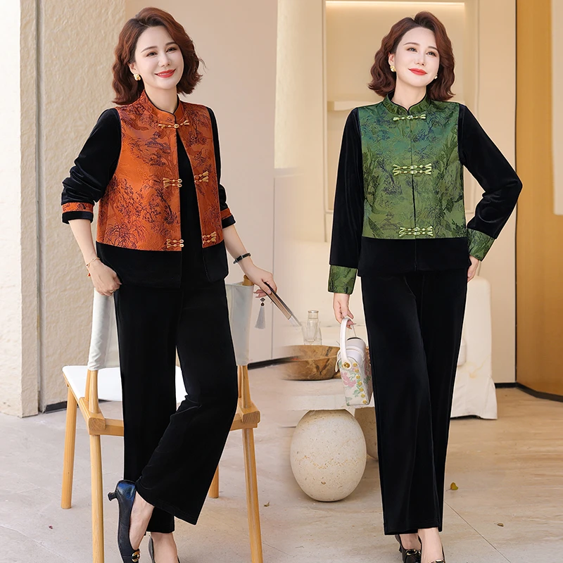 妈妈秋装金丝绒马甲三件套中老年女装春秋外套新中式国风上衣小衫