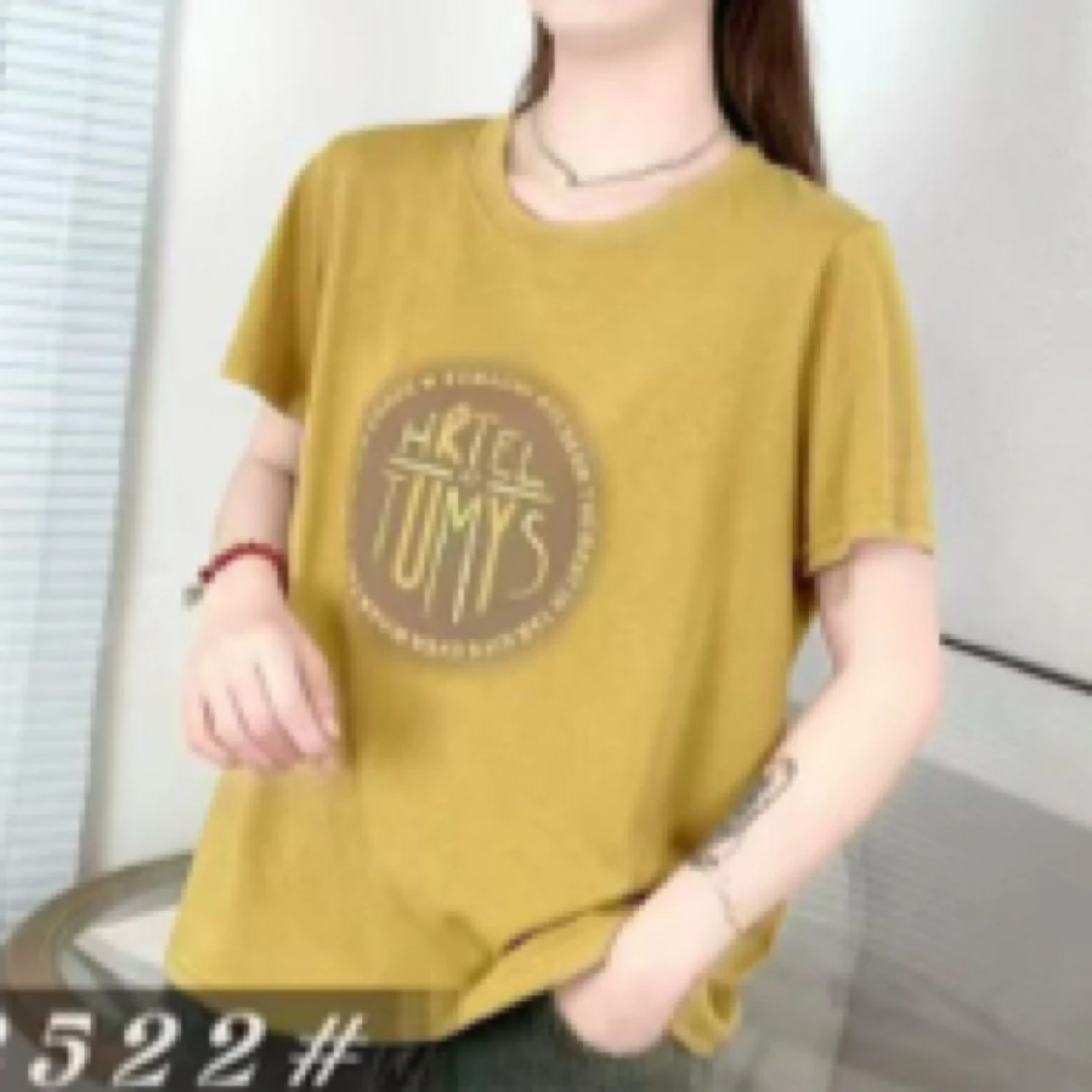 雪花棉新款）短袖镶钻圆领T恤休闲风标准吸汗森系宽松型