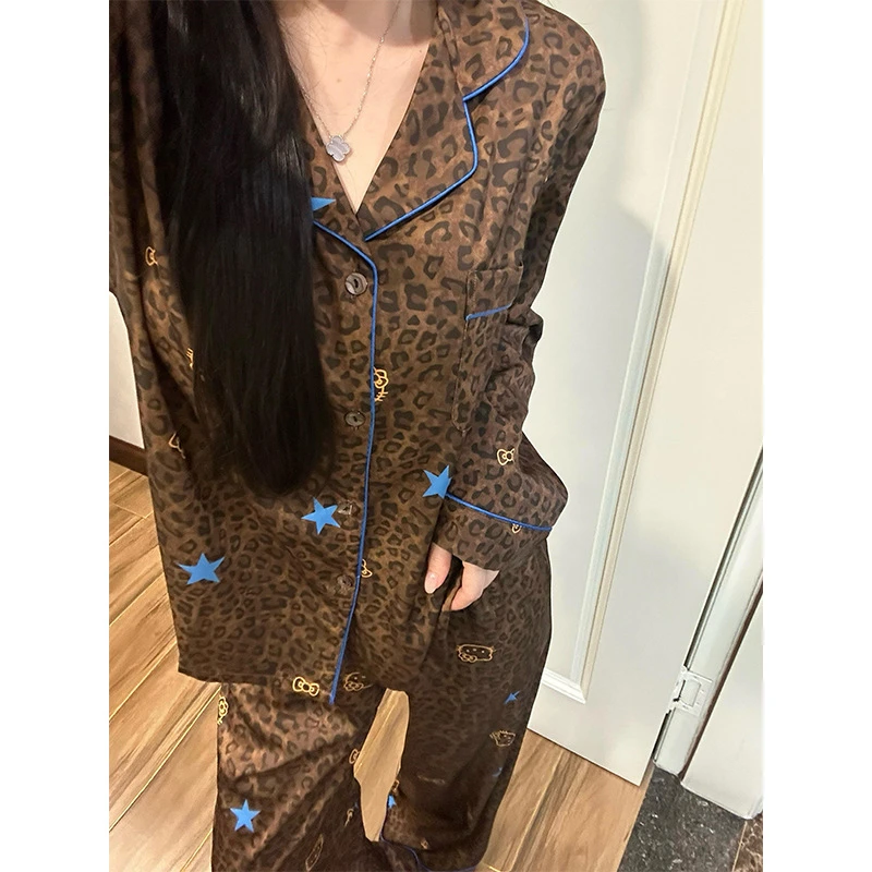 法式高级感豹纹Kitty印花睡衣女2025夏季大码长袖长裤家居服套装