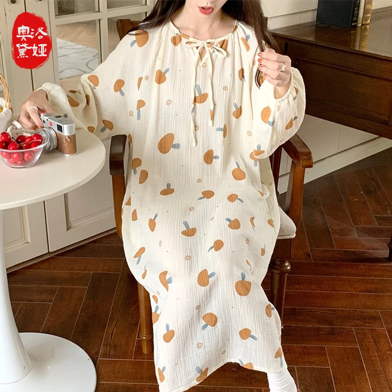 新睡裙女棉质春秋季长袖甜美风款宽松睡衣女士夏天可外穿家居服