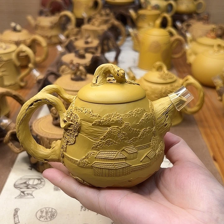 茶壶紫砂自**由葫芦山水浮雕壶