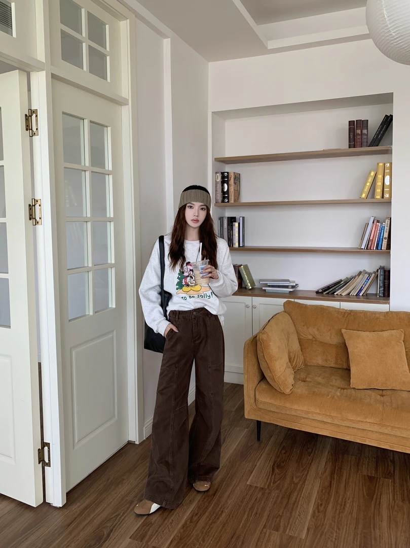 DXW秋冬复古街头工装裤纯棉休闲阔腿裤牛仔裤洗咖色腰松紧扣