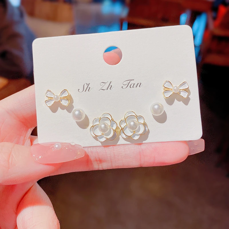合金耳饰 S925银针超仙气质套装花朵耳环女小清新简约滴油珍珠耳