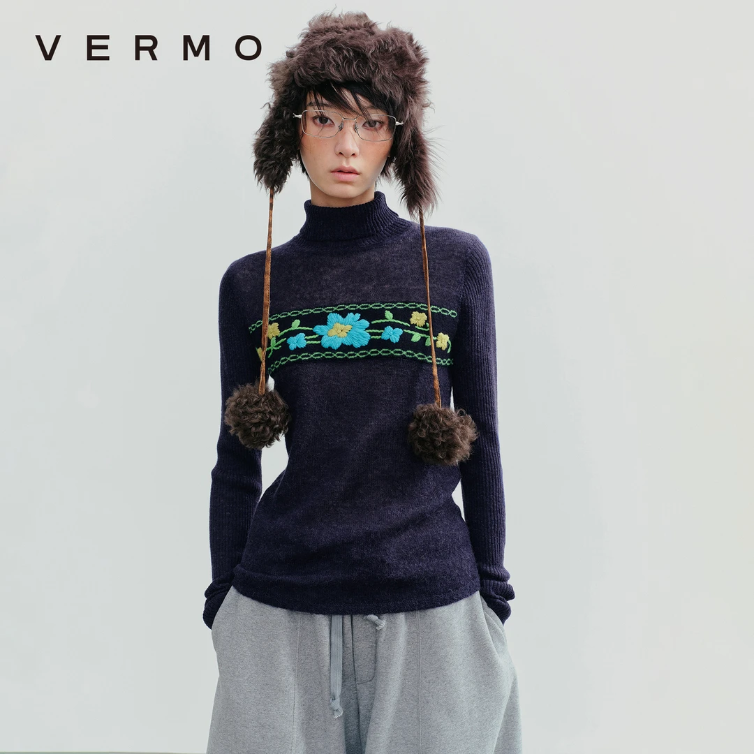 针脚叙事 别致复古绣花重工手绣羊驼毛打底套头毛衣 V0033