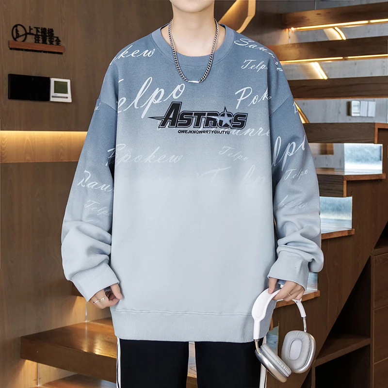 2025秋季新款青少年圆领男士卫衣港风百搭宽松学生印花休闲打底衫