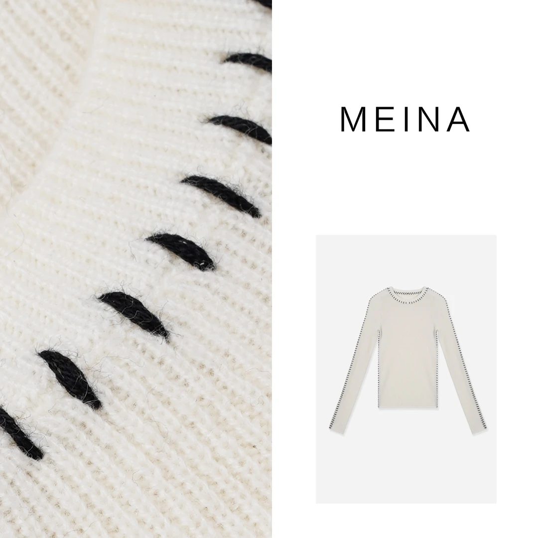 MEINA【东京律动】秋冬撞色粗针花边修身打底套头显瘦气质毛衣