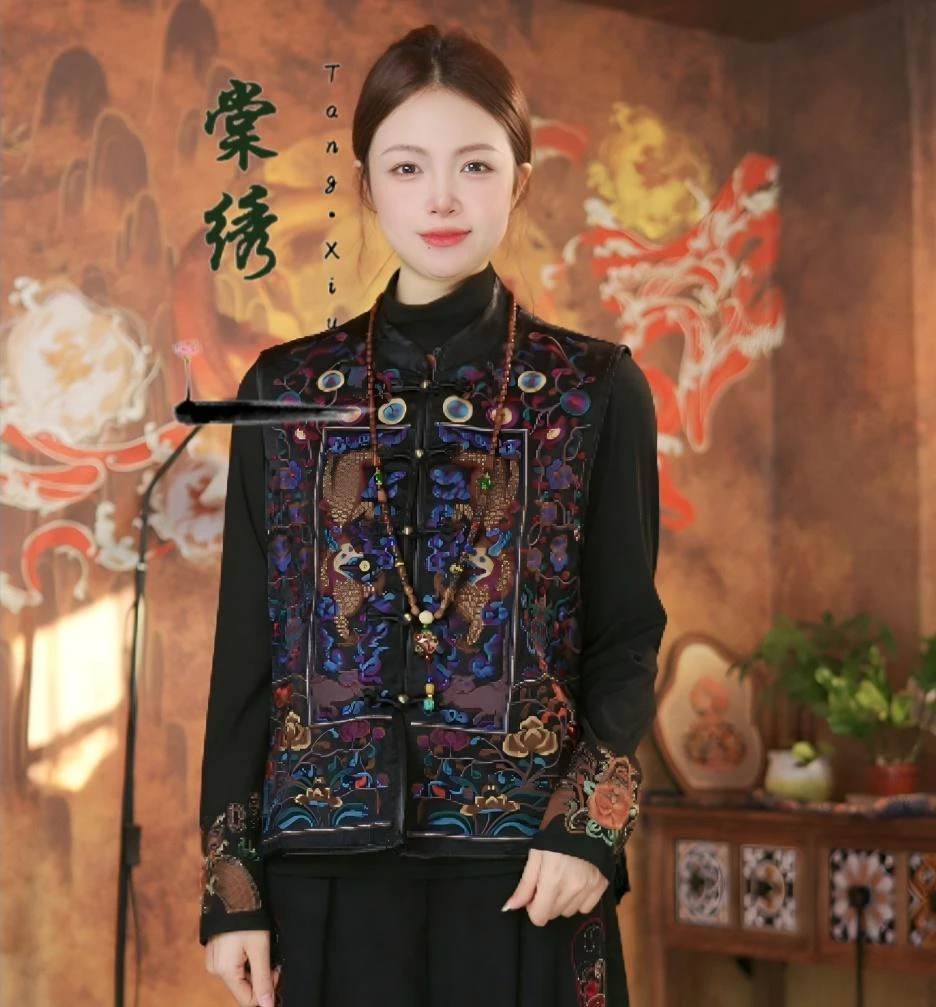 【棠绣】龙凤呈祥·春季新款民族风复古刺绣缎面立领绣花马甲坎肩