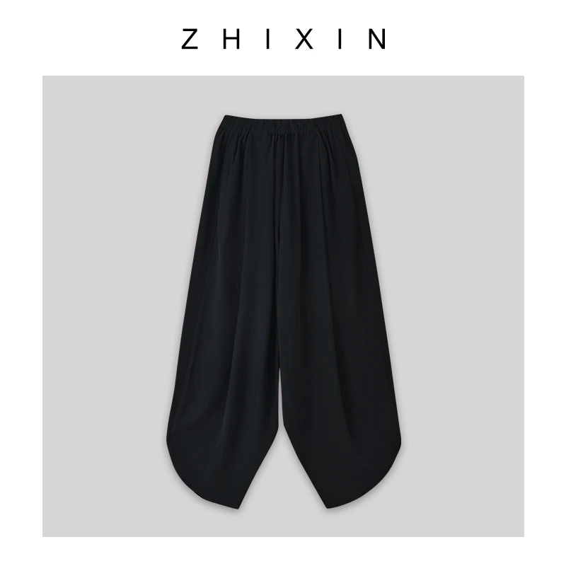 ZHIXIN清透凉感抗皱醋酸面料 垂坠版型 宽松收褶扭结灯笼裤