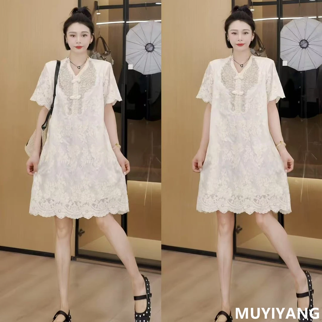 【月光情书】设计感V领钉珠盘扣气质钩花直筒连衣裙 衣长92 24-264#