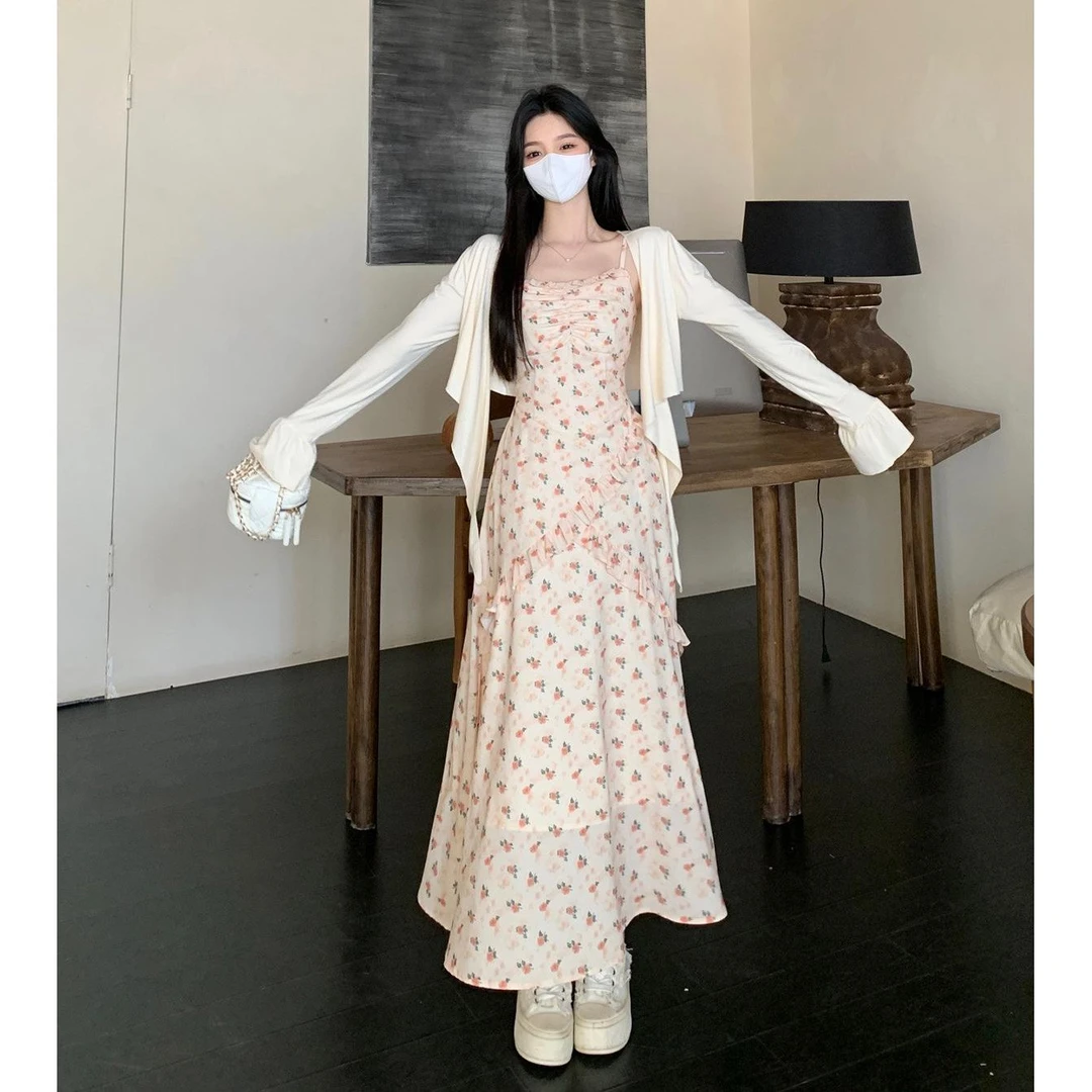 大码胖mm法式碎花气质吊带连衣裙设计感遮肉长裙防晒开衫两件套