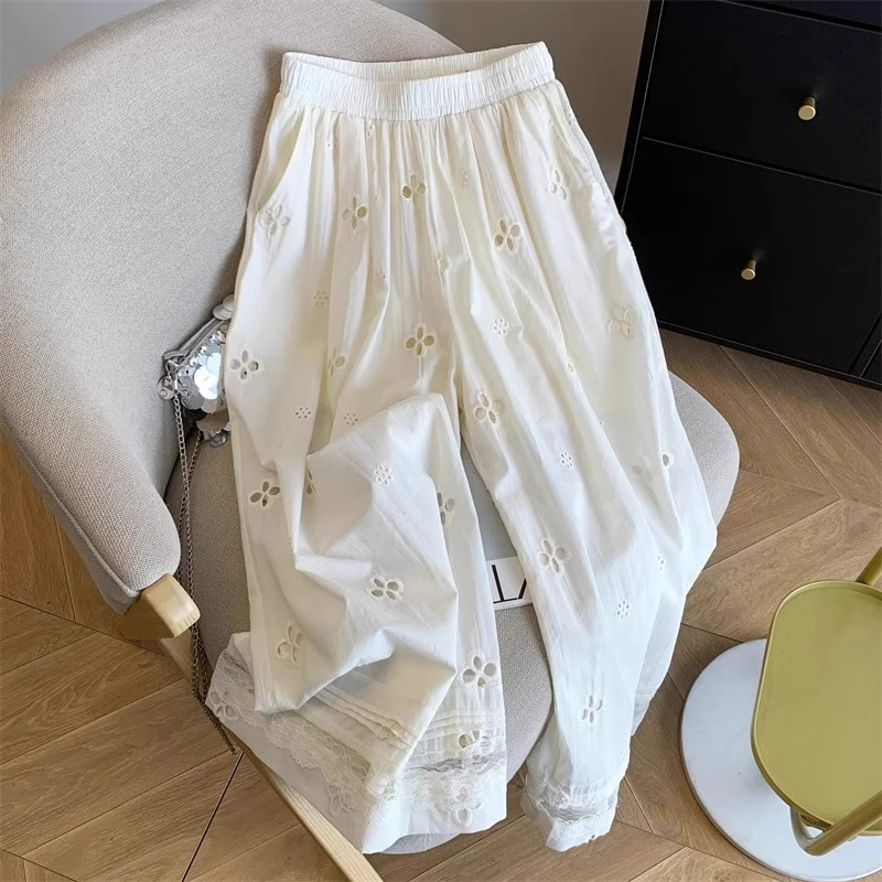 蕾丝钩花刺绣阔腿休闲裤女秋季新款大码梨形身材高腰显瘦直筒长裤