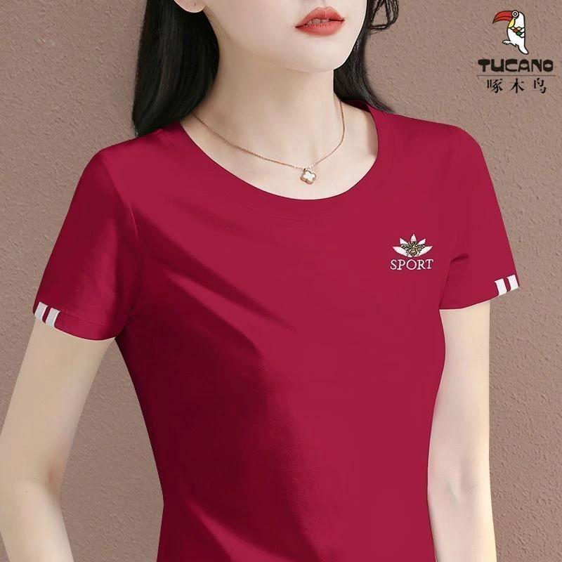 啄木鸟爆款高级短袖印花上衣女2025夏季潮流ins风圆领休闲百搭T恤