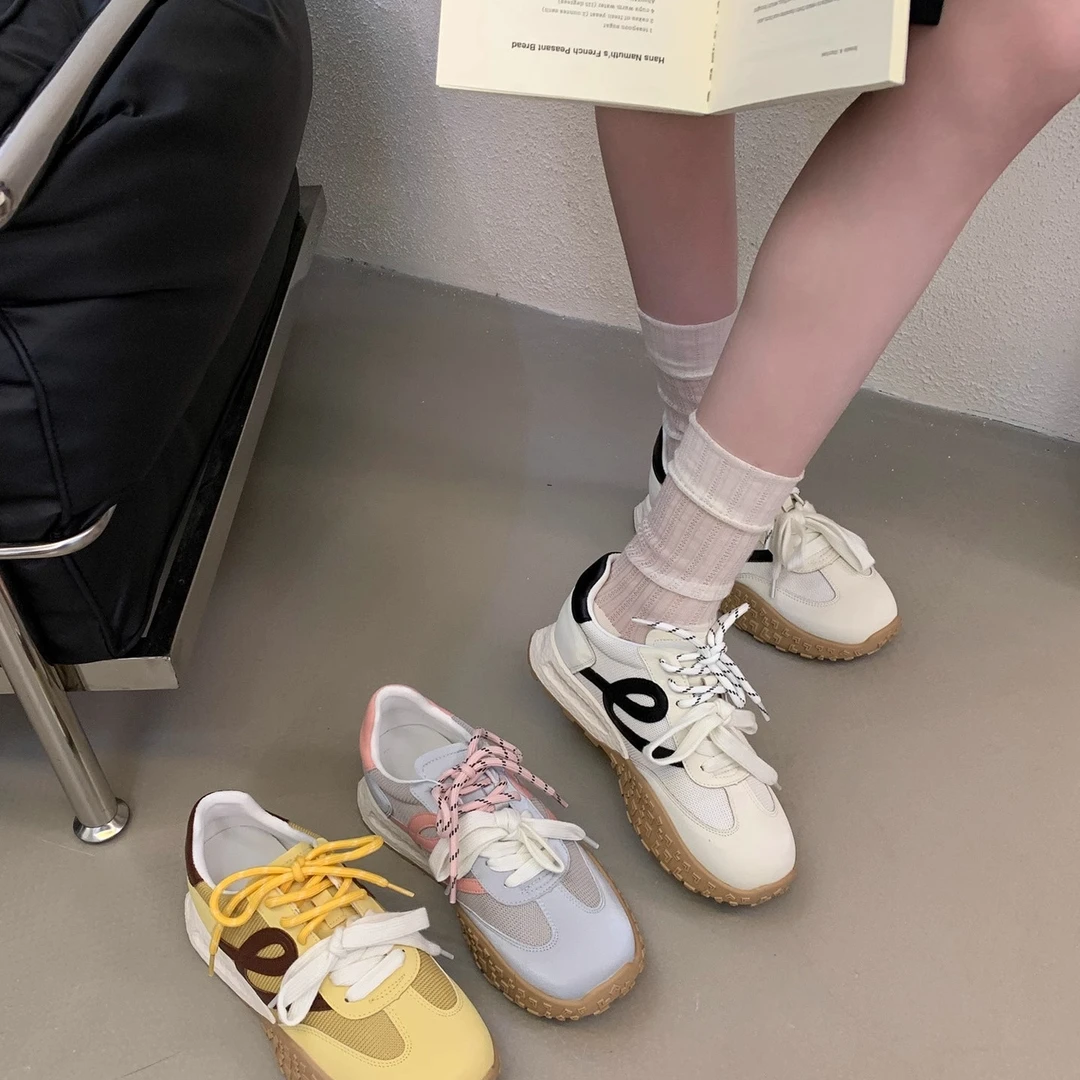 厚底德训鞋女2025年春季新款拼色休闲百搭防滑跑步运动皮面老爹鞋