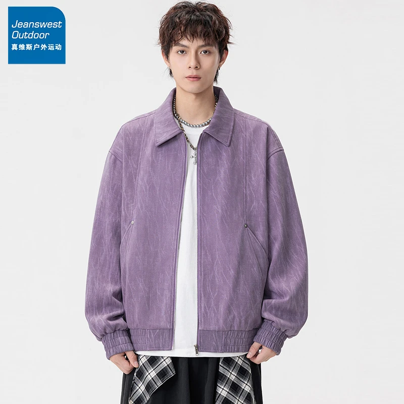 真维斯男士美式复古翻领大码夹克胖男生春秋加肥加大休闲潮流外套