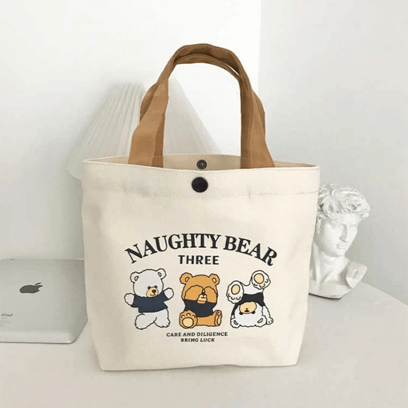 手提包三只小熊帆布包女学生出行便携上班手拎便当包帆布袋礼品袋