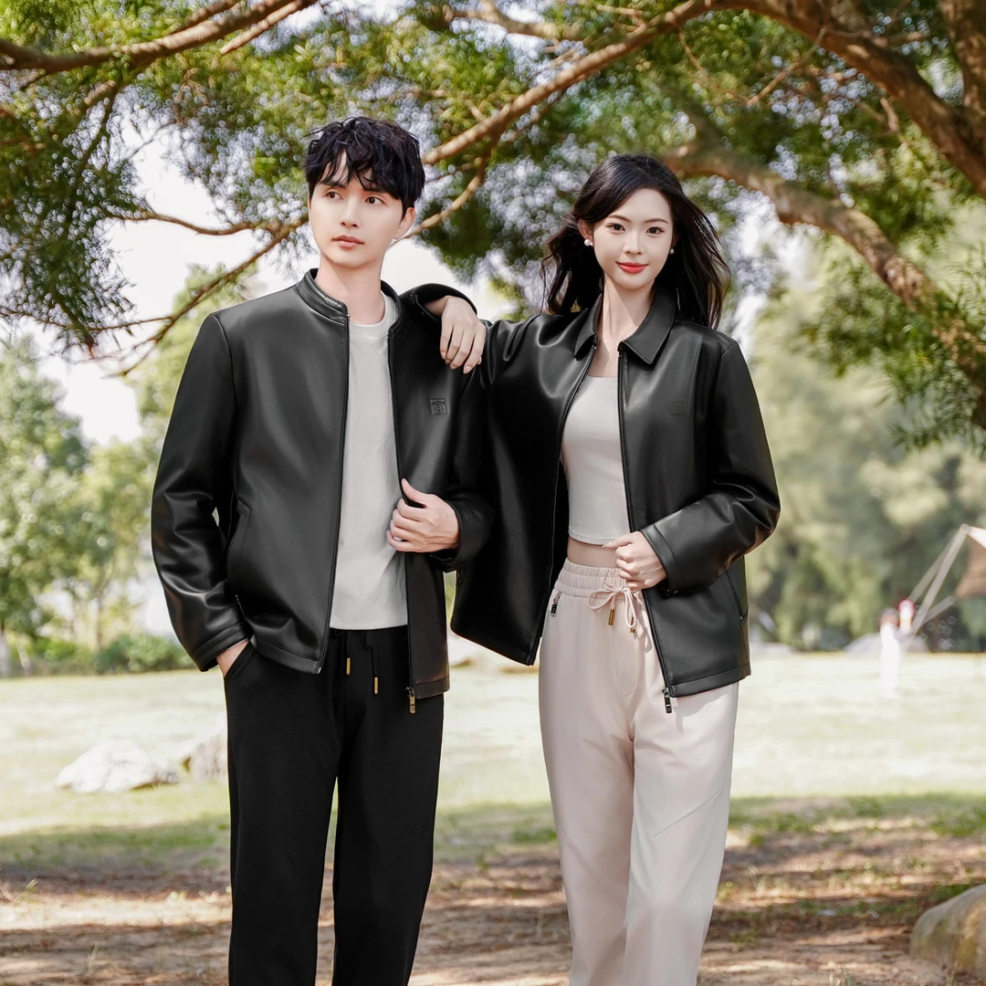 ④⑦⑨男士羽绒款翻领立领皮衣秋冬季修身巴家商务标准常规款多口袋