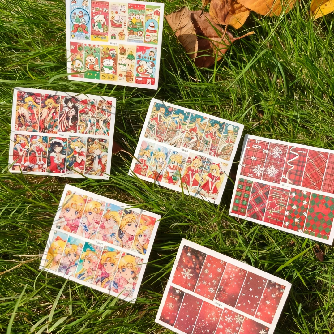 美战圣诞款美甲贴纸红格纹雪花美甲水贴手工定制每款2张。