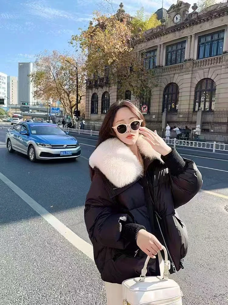 9981大毛领拼接小个子白鹅绒短款羽绒服女2024冬季韩版保暖厚外套