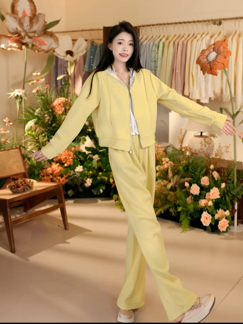 欧货时尚休闲套装女早春新款蕾丝连帽拉链卫衣阔腿裤两件套1005