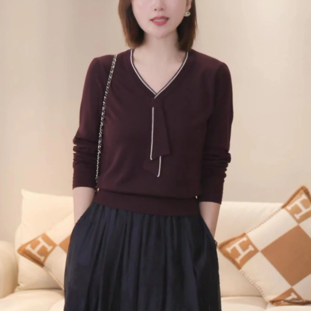 时尚法式V领飘带长袖针织衫女2025秋季新款洋气百搭显瘦打底上衣