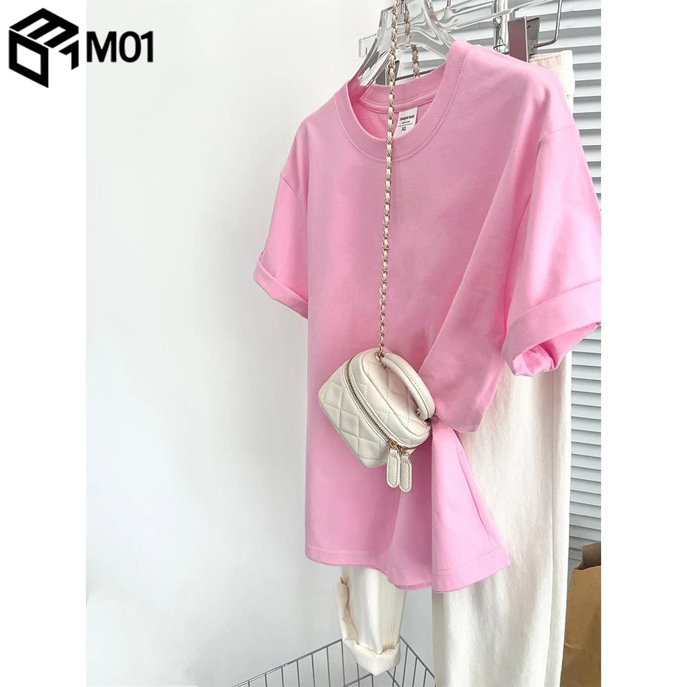 M01奶油粉红色短袖t恤女2025年夏新款宽松纯棉圆领休闲百搭纯色