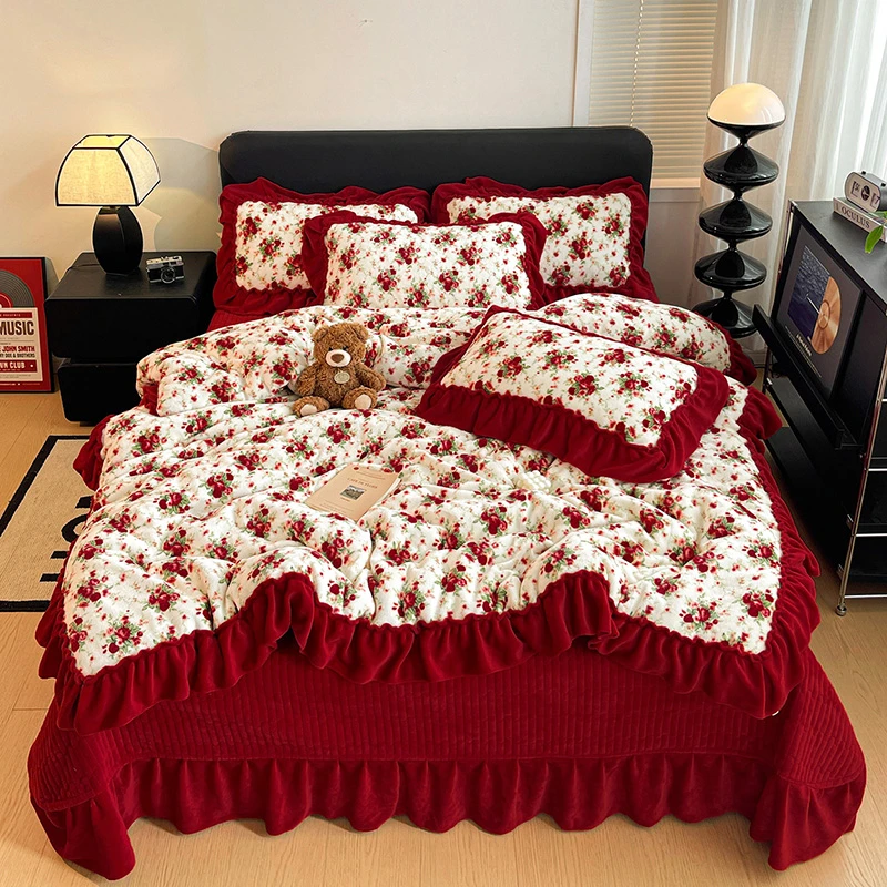 法式花边牛奶绒加厚床盖四件套冬季韩式高克重双面绒被套防滑被罩
