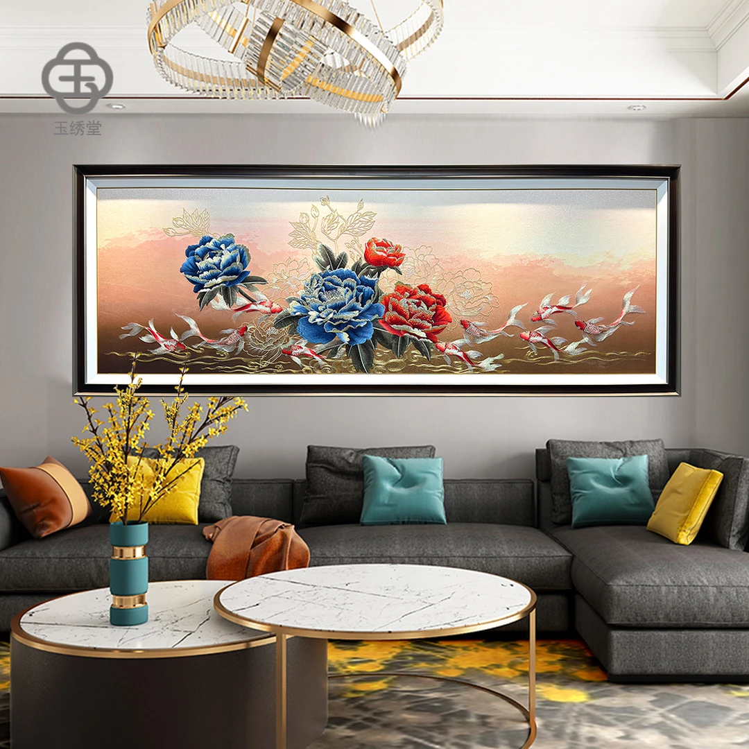 刺绣高定《牡丹九鱼》客厅装饰画背景墙立体挂画