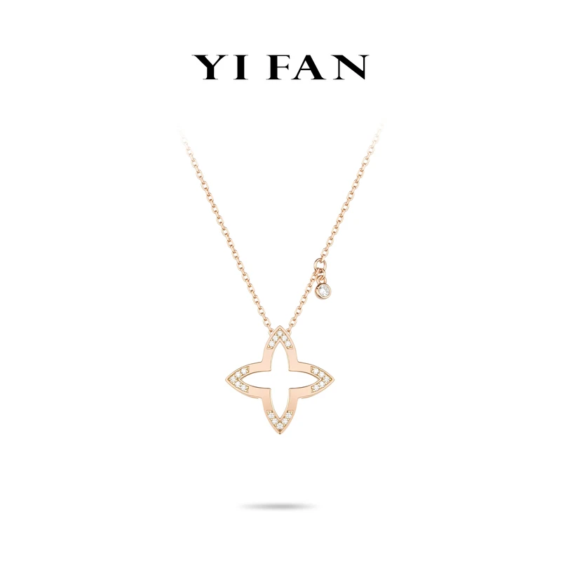 坠链均925银合成锆石 FL20444-玫金色满钻镂空四瓣花百搭项链