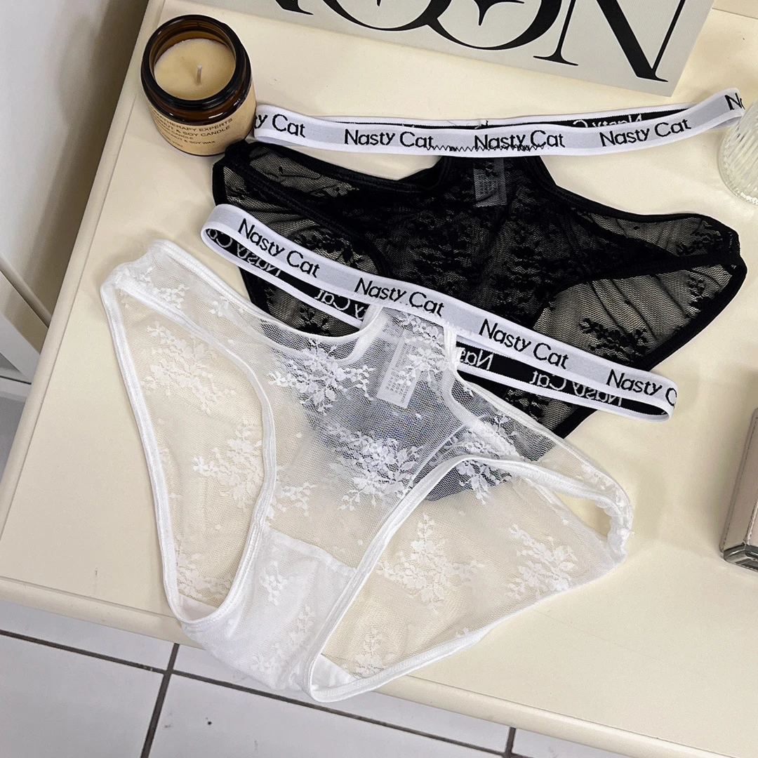 凡许淘气猫咪性感蕾丝字母带内裤女士漏边低腰镂空网纱透气三角裤
