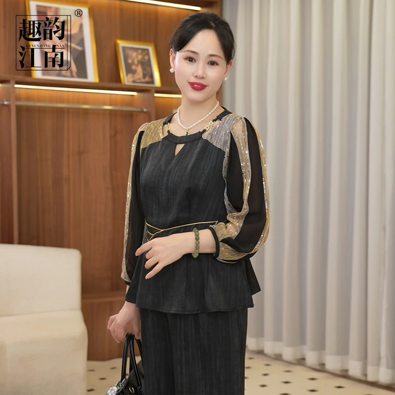 趣韵江南妈妈装春季新款优雅套装中老年女气质减龄小衫裤子两件套