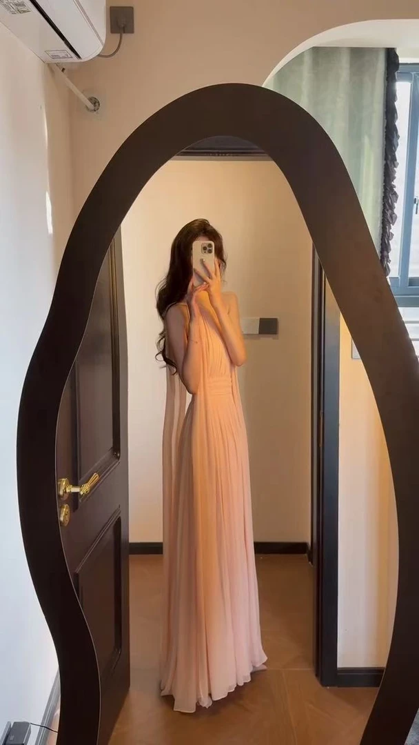 连衣裙高腰无袖长裙名媛礼服时尚纯色设计感法式显瘦收腰夏季