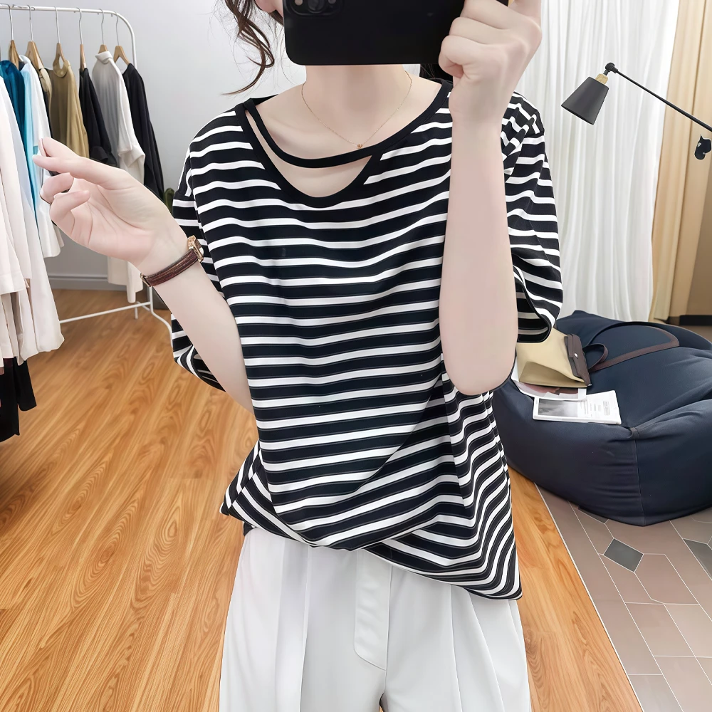 棉质T恤女夏季新款宽松显瘦简约露肩小众设计感短袖条纹上衣时尚
