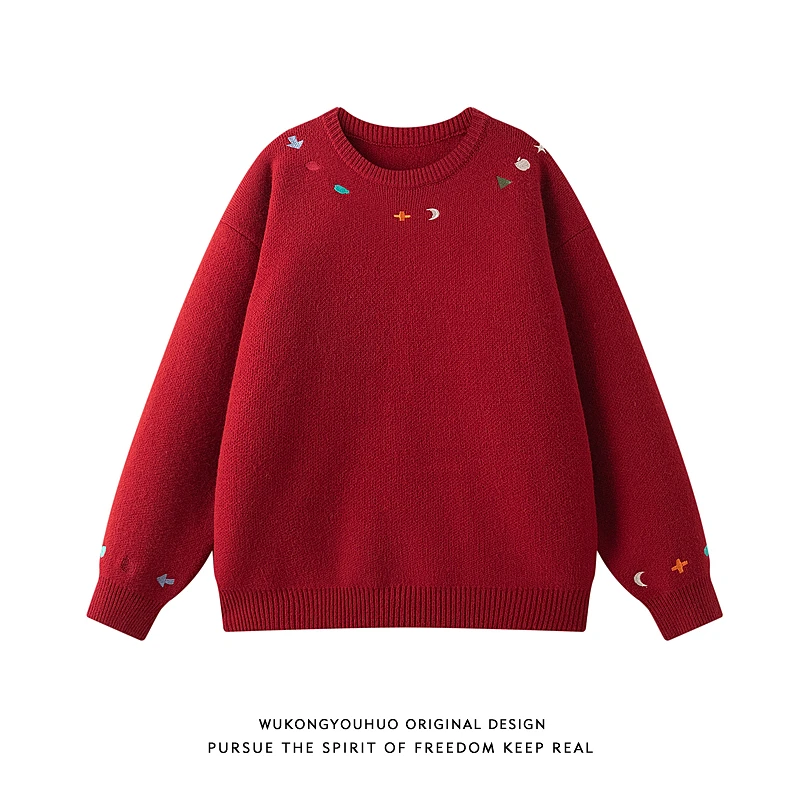 悟空有货潮牌秋季刺绣圆领针织衫男复古宽松情侣慵懒休闲套头毛衣