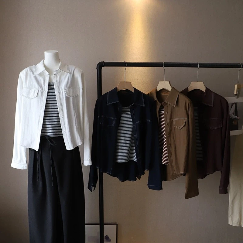 95款#白色明线长袖衬衫+条纹针织背心女2025秋季百搭上衣两件套