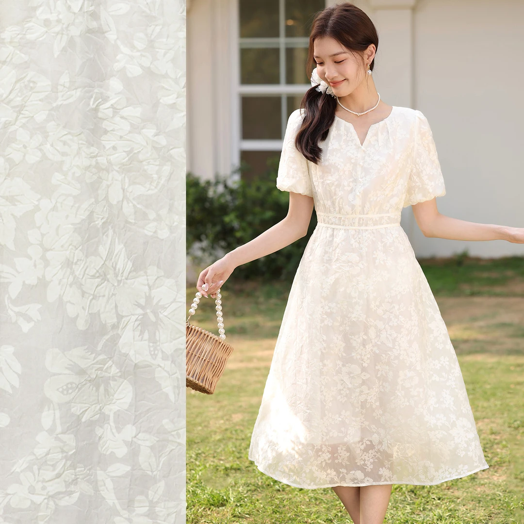 尚都比拉【烧花褶艺欧根纱】优雅分割松紧腰泡泡袖连衣裙59158