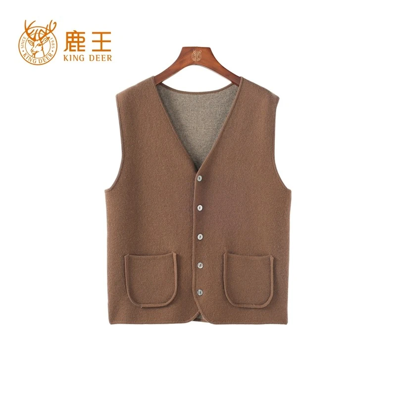 鹿王24秋冬新款男V领100山羊绒四平针休闲开衫背心 加厚 AY24157
