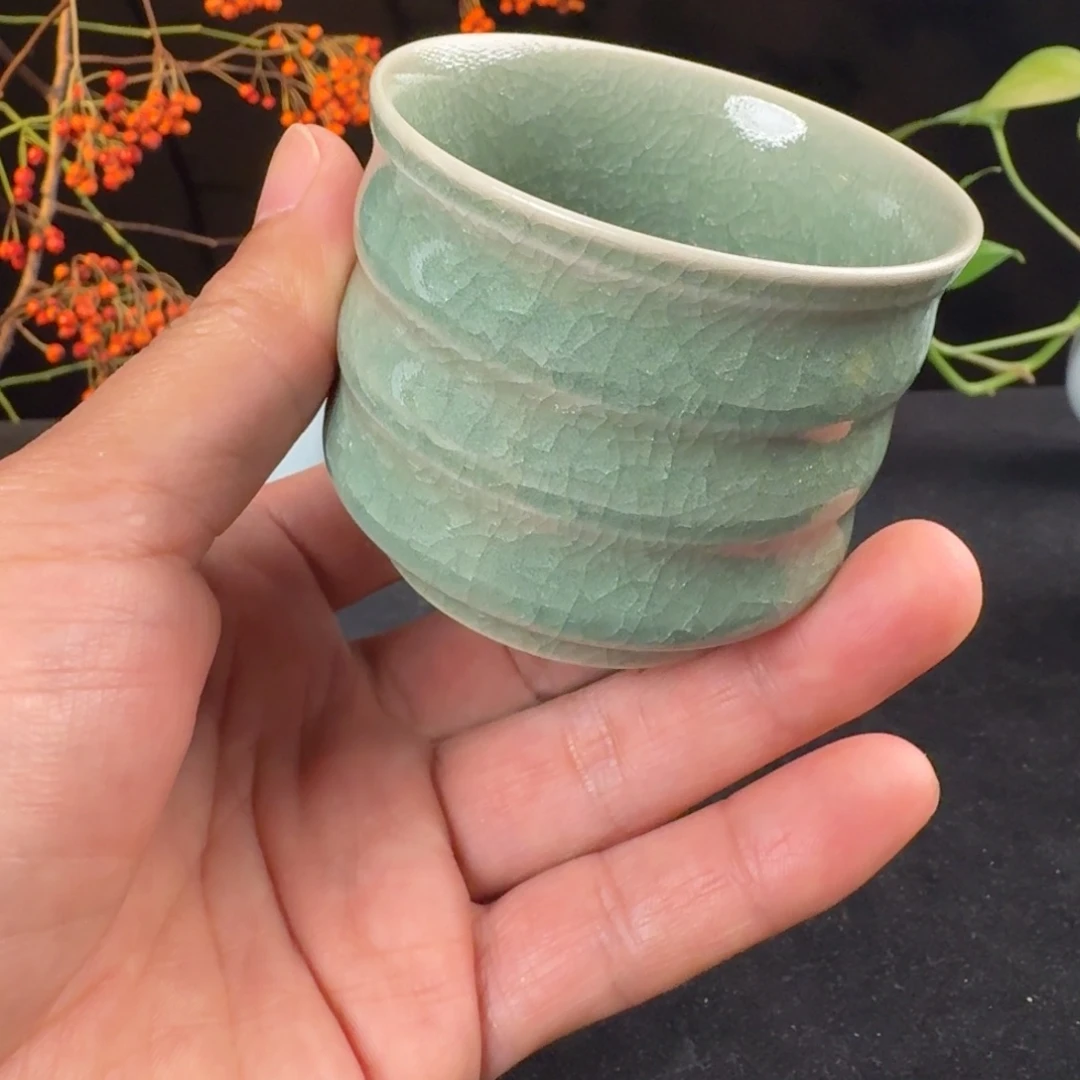 摆件陶汝瓷冰花鱼鳞开片竹节杯